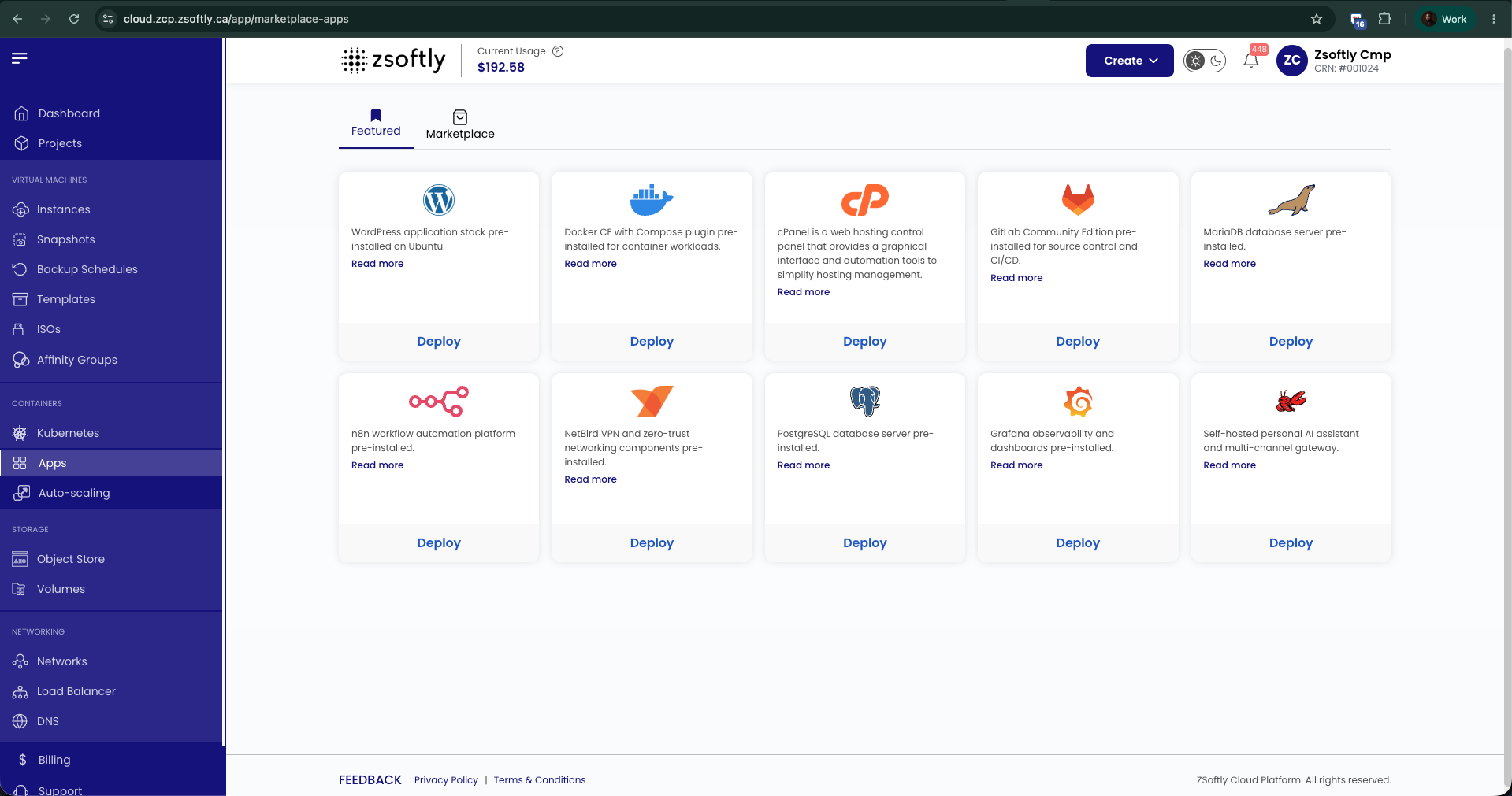 ZCP Marketplace Apps showing ready-to-deploy applications including WordPress, Docker, GitLab, MariaDB, PostgreSQL, Grafana, and n8n