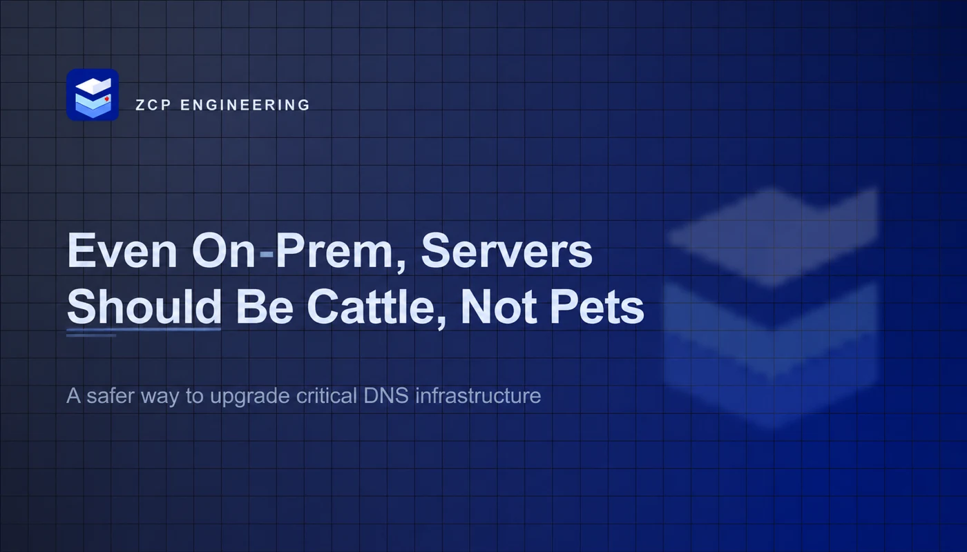 ZCP branded cover reading Even On-Prem, Servers Should Be Cattle, Not Pets on a deep blue grid