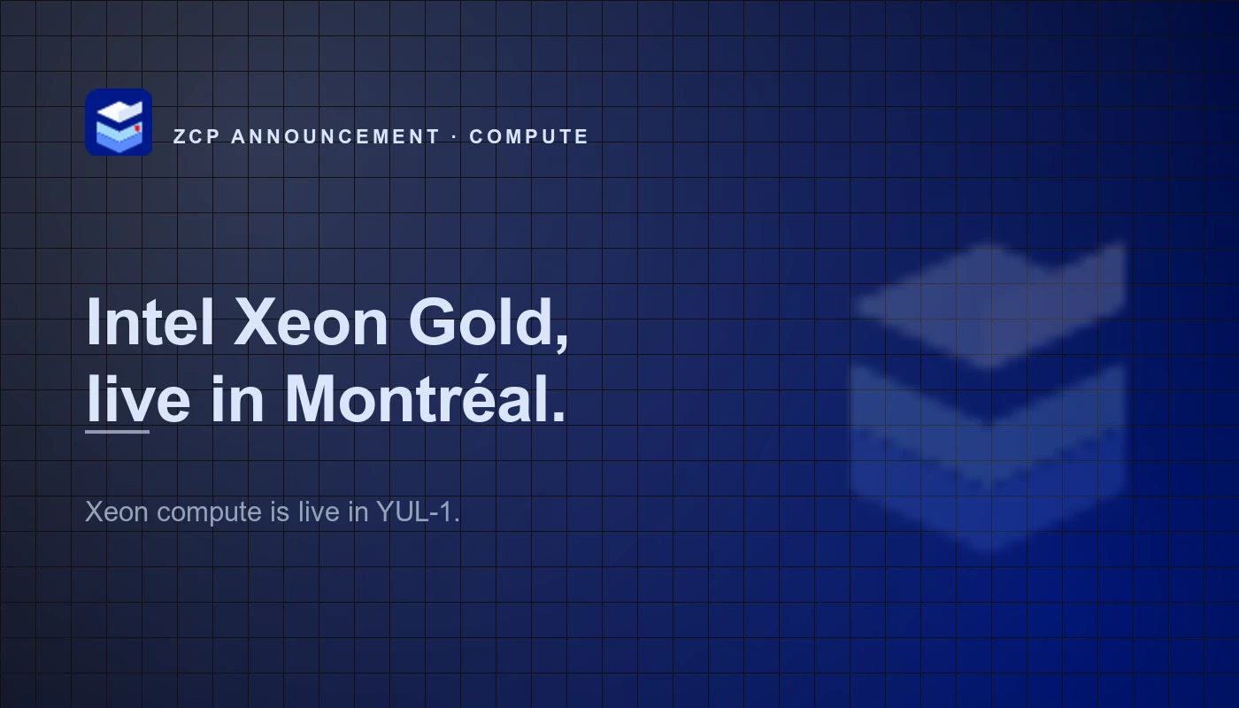ZCP announcement cover reading Intel Xeon Gold, live in Montreal