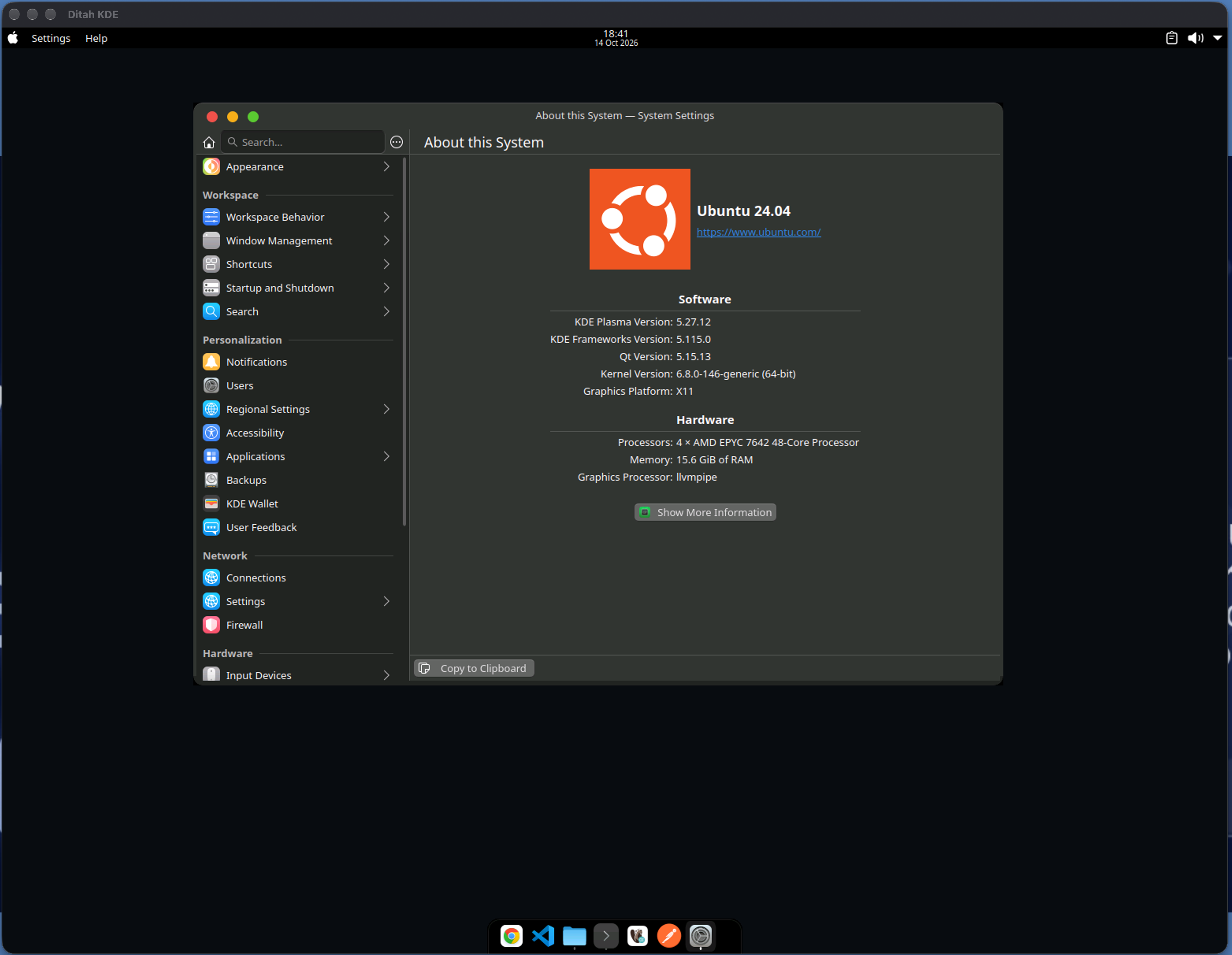 KDE Plasma system information on an Ubuntu 24.04 desktop showing KDE Plasma 5.27.12, 4 vCPUs, and 15.6 GiB of memory.