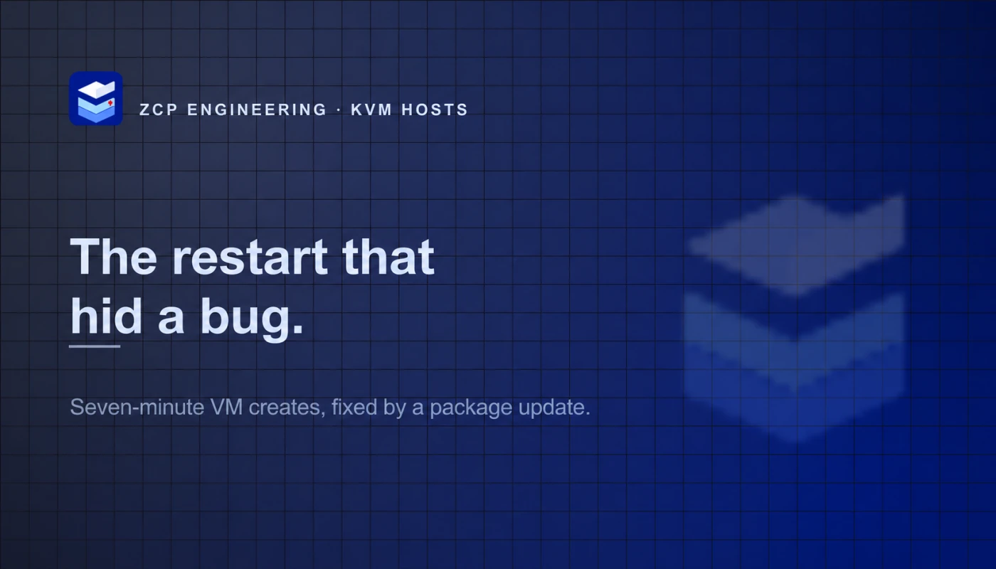 ZCP branded engineering cover reading The restart that hid a bug, on a deep blue grid