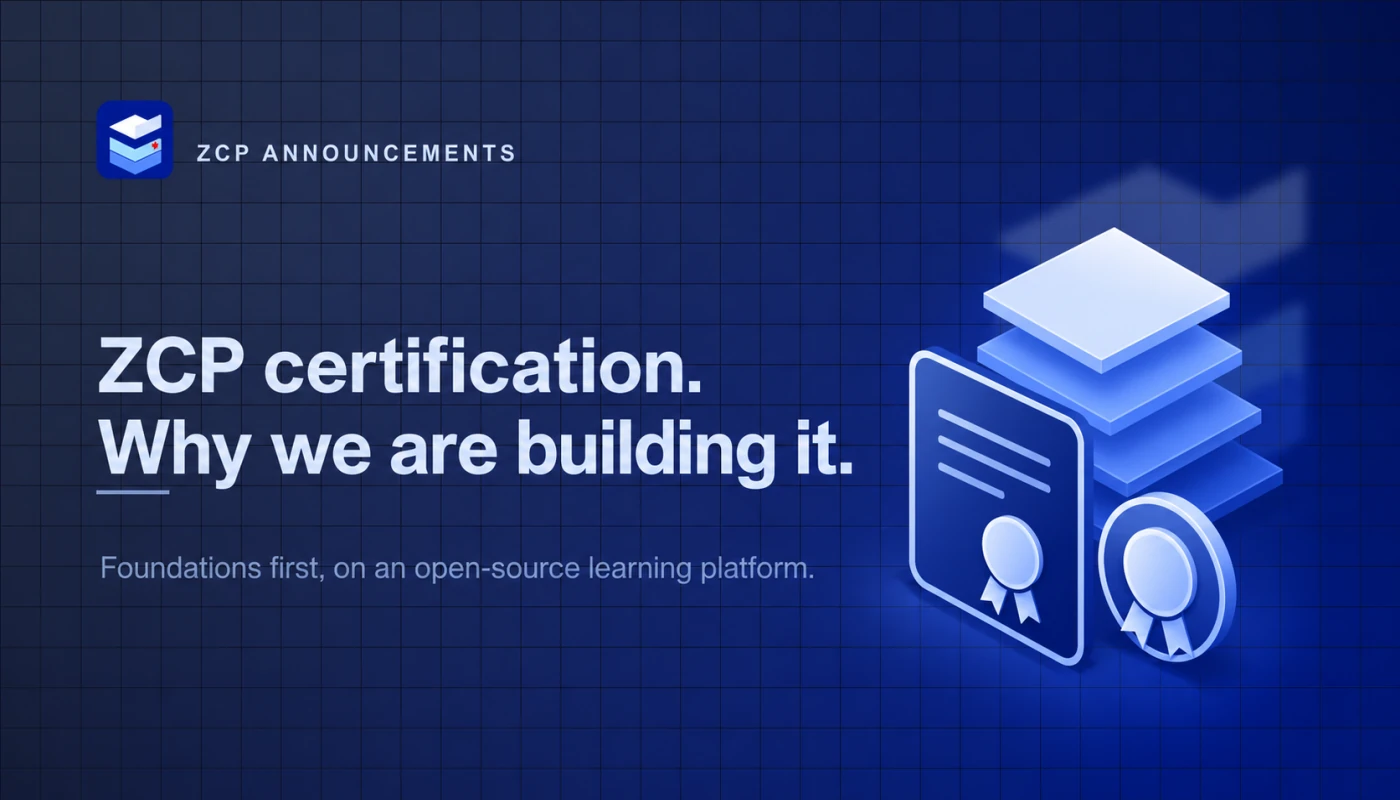 ZCP cover with a certificate, a badge and stacked level tiers, titled ZCP certification.