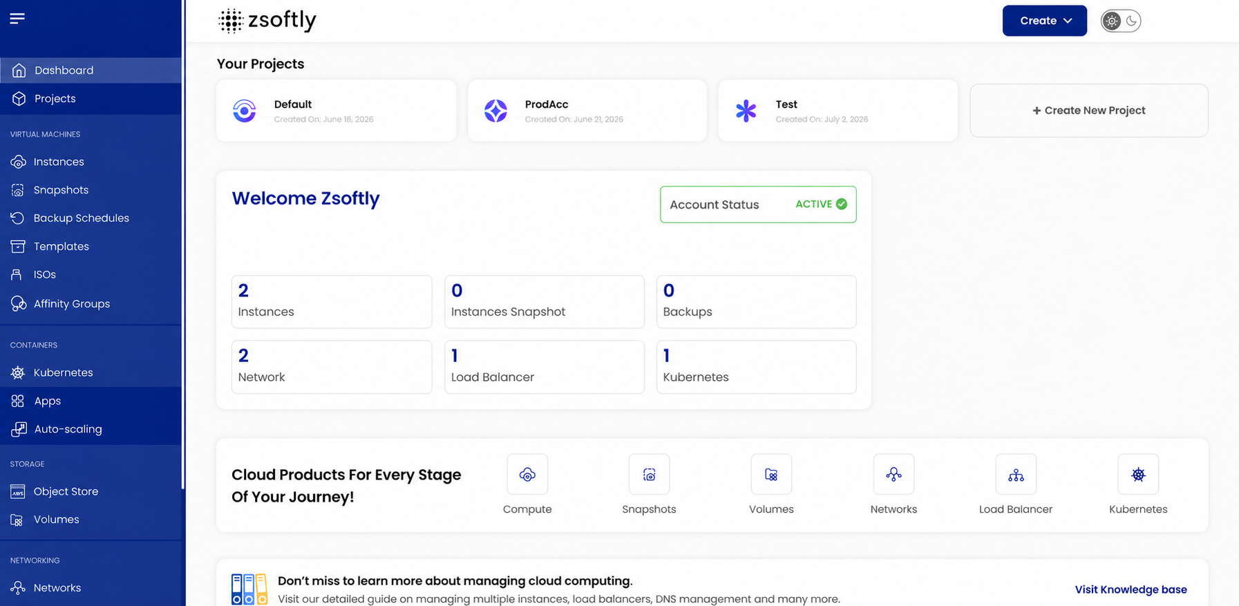 Sanitized ZCP CMP dashboard showing projects, resource counts, cloud products, and the portal navigation