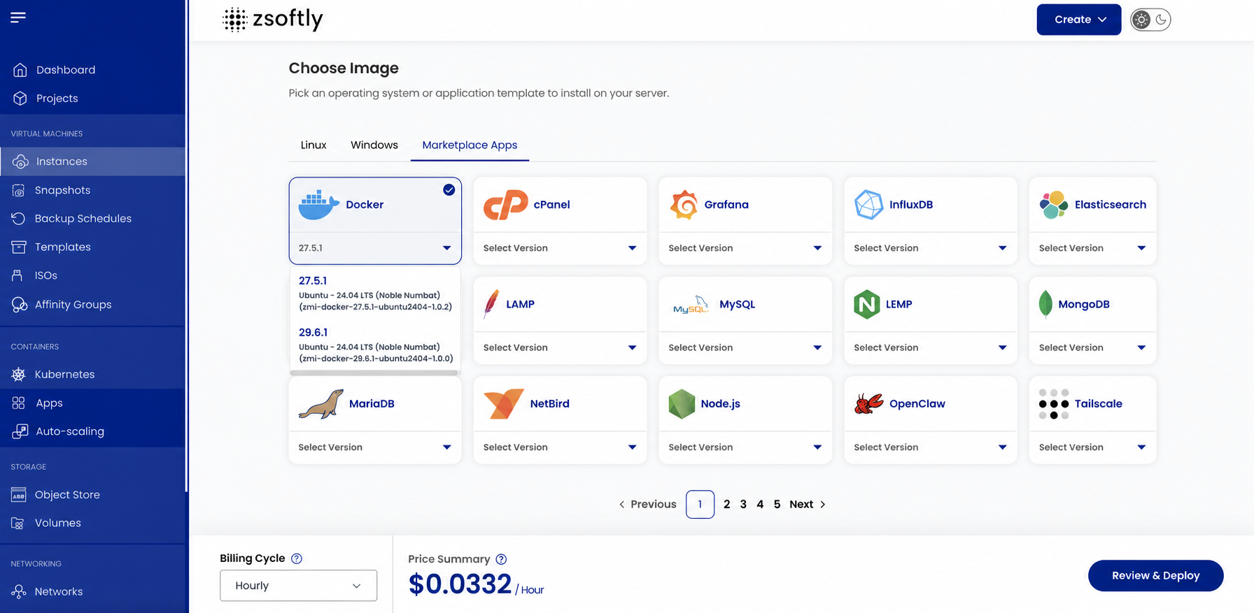 ZCP CMP Marketplace Apps view showing application cards and version selection