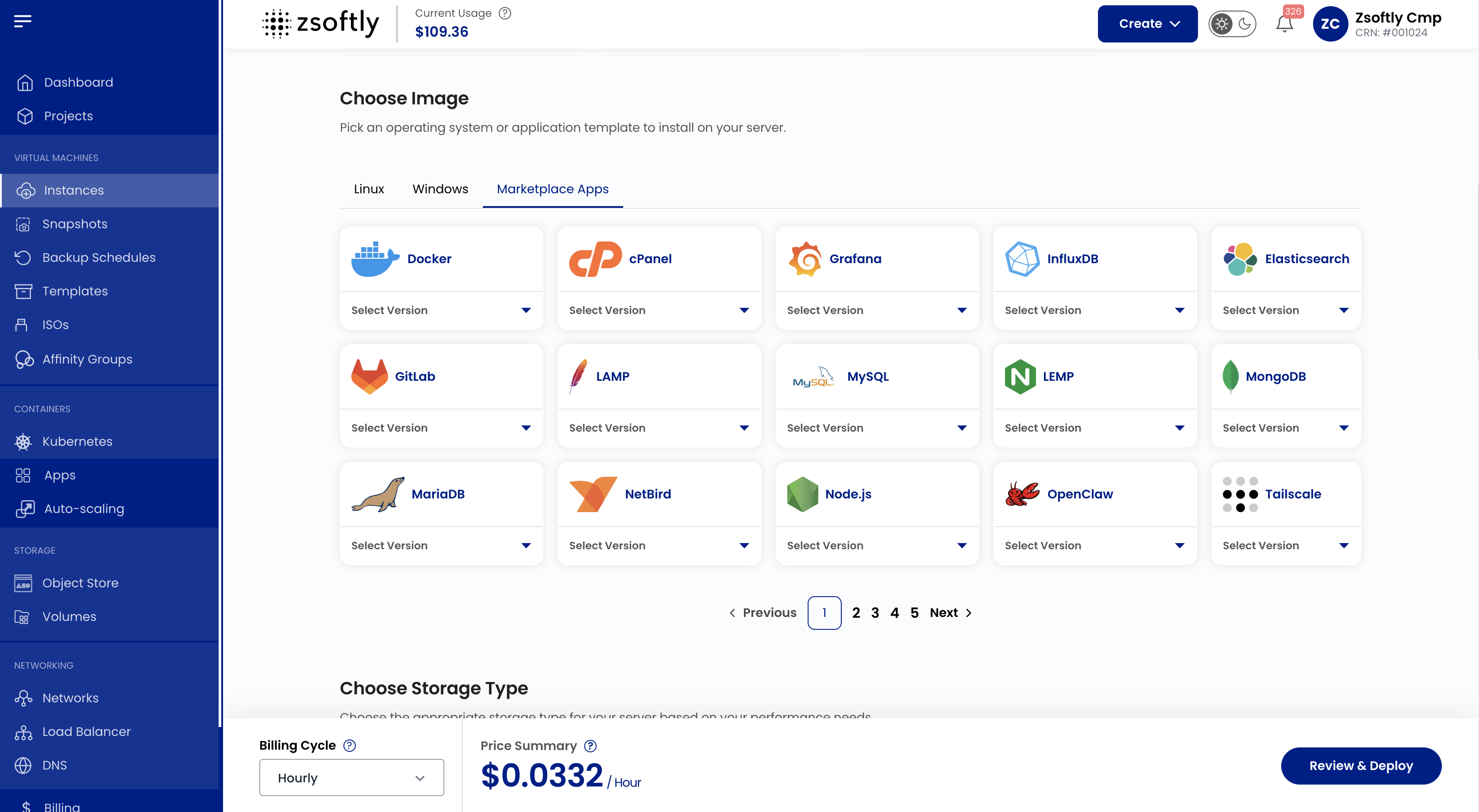 ZCP marketplace tab during VM deployment