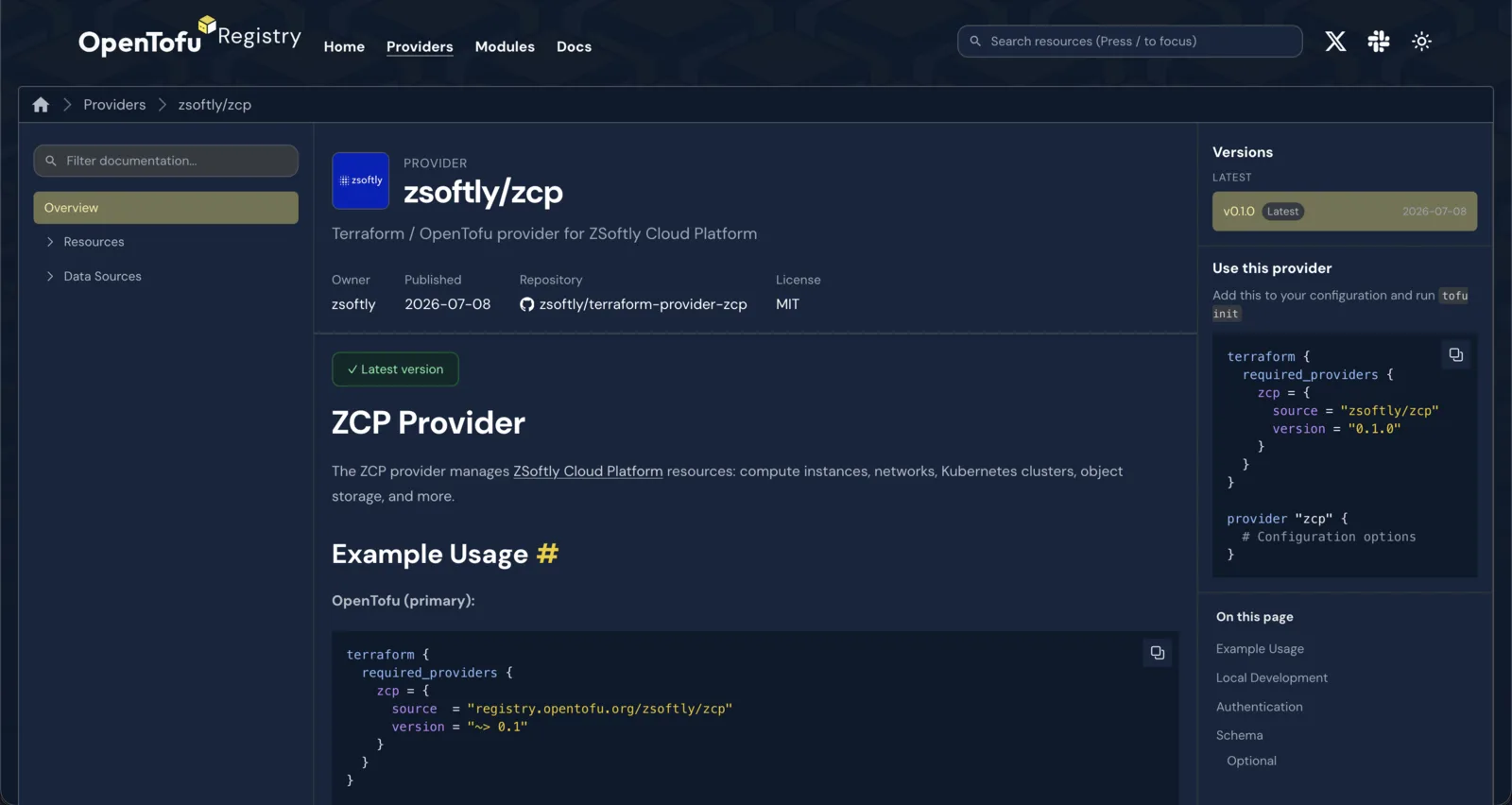 The zsoftly/zcp provider page on the OpenTofu registry, showing version 0.1.0 and the usage snippet