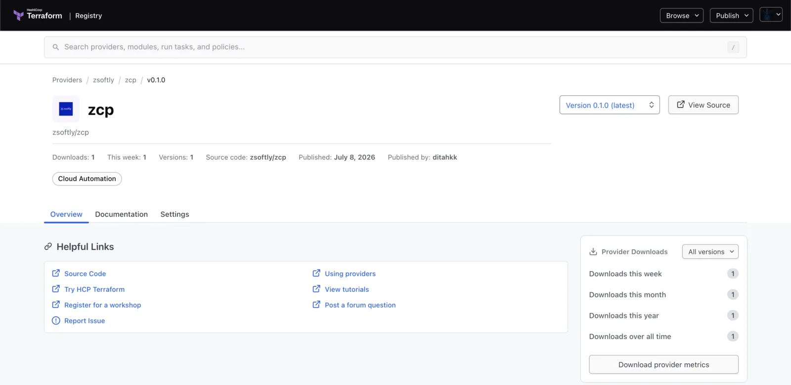 The zsoftly/zcp provider page on the Terraform Registry, version 0.1.0 in the Cloud Automation category
