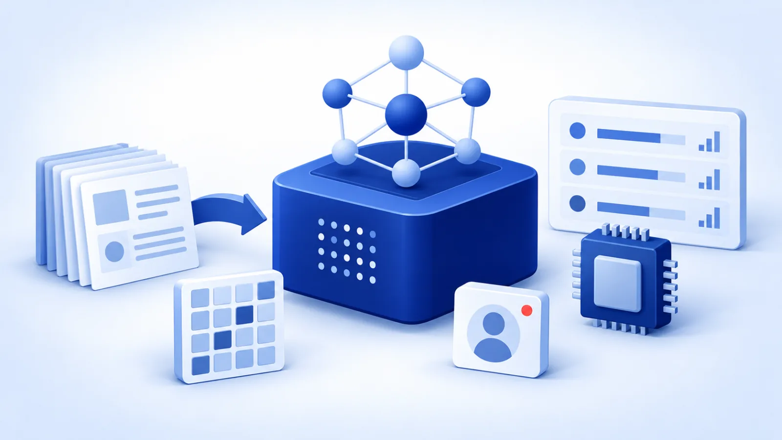 A model core with a node graph above it, a document feeding a retrieval arrow, an embedding grid, a processor, and an experiment tracking panel.