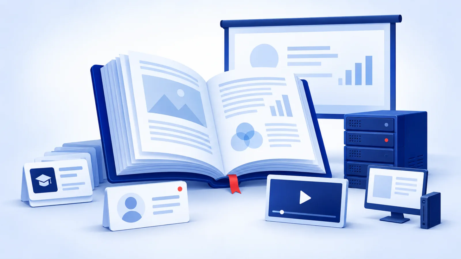 An open book surrounded by course modules, a student record, a small compute cluster, and a lecture video frame.