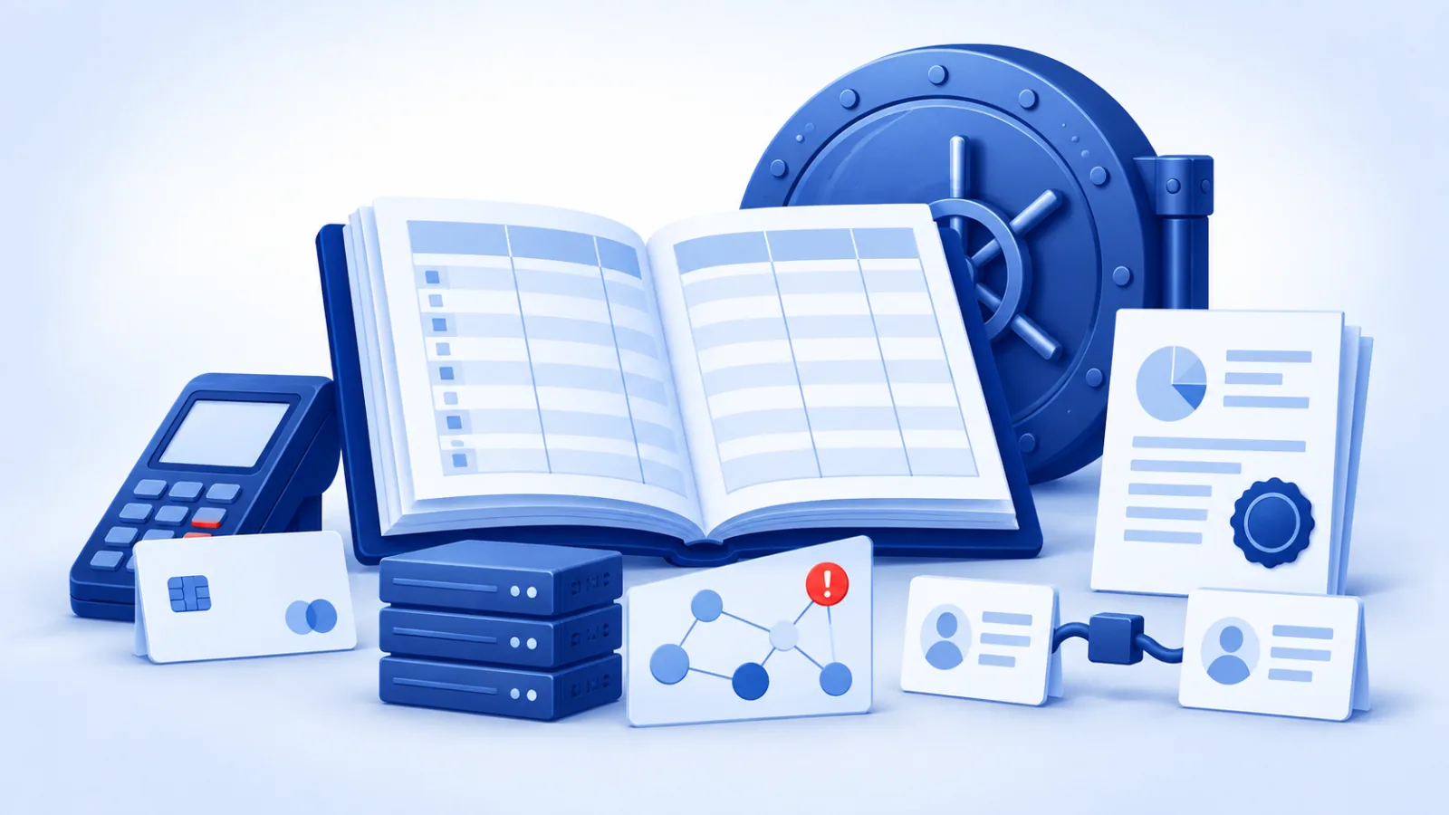 A financial ledger and vault, with a payment terminal, a regulatory report, a transaction graph with one flagged node, and an API connector.
