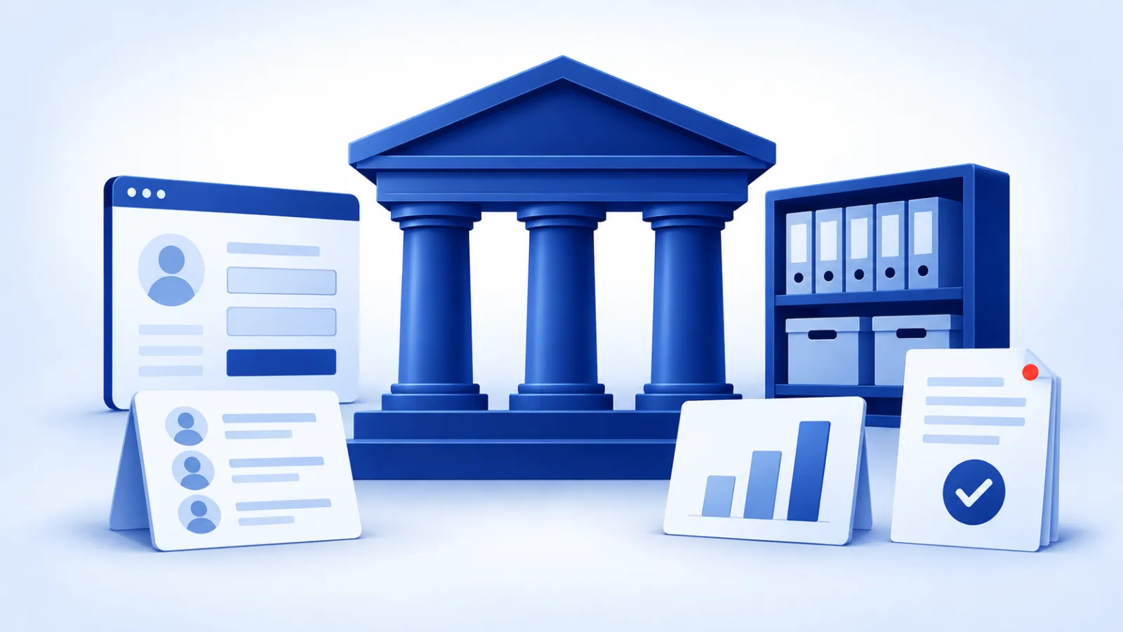 A civic building portico with a citizen service portal, a records archive, a workforce directory, an analytics chart, and a procurement document.