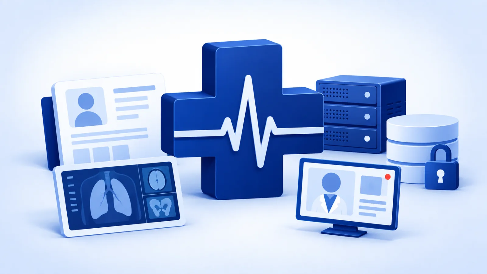 A medical cross with a pulse line, beside a patient record, a medical imaging panel, a clinician on a telemedicine screen, and a locked data store.