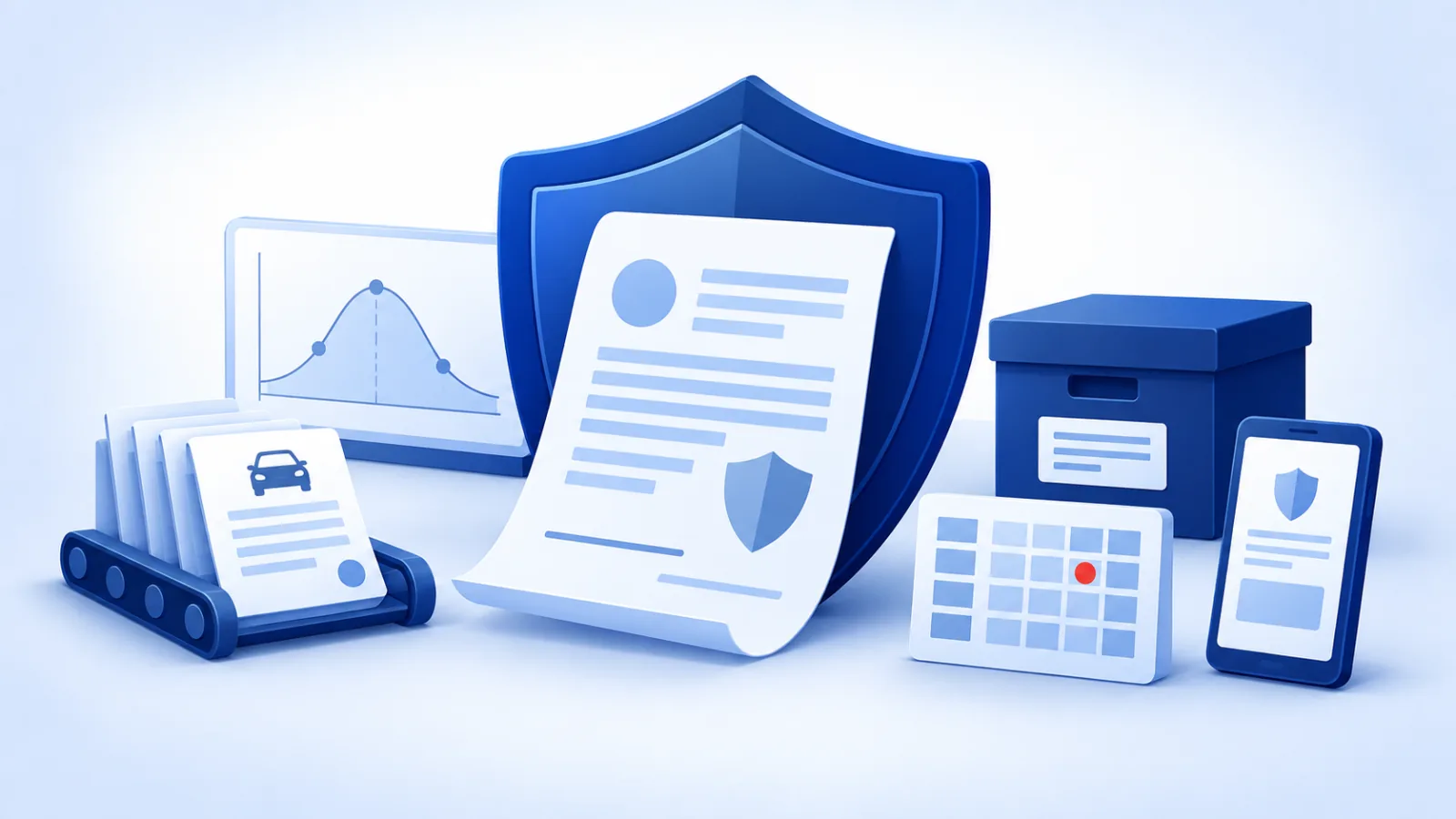 A shield holding a policy document, with a claim moving along a processing track, a risk curve, a sealed archive box, and a flagged data grid.