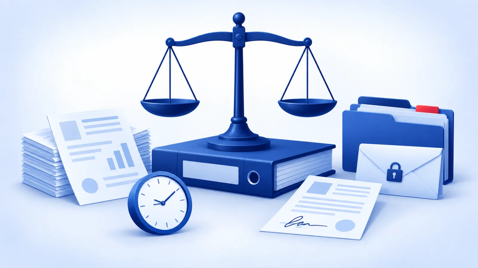 A balance scale and case file, with a document production stack, a matter folder, a locked envelope, a billing timer, and a contract sheet.