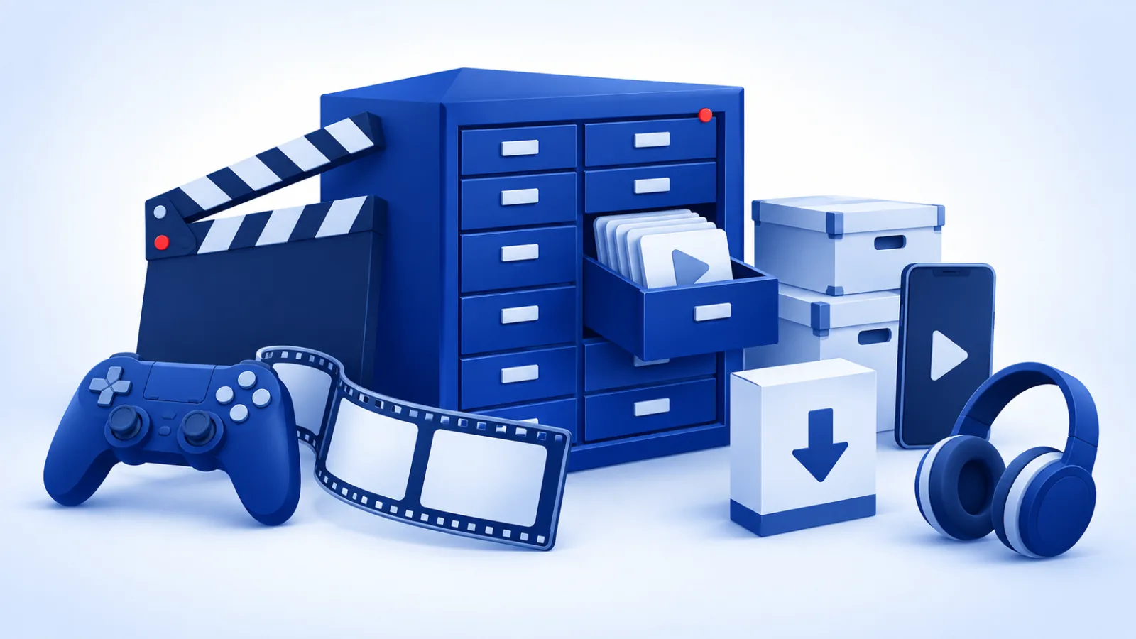 A blue storage cabinet with one drawer open to show media tiles, surrounded by a clapperboard, a film strip, a game controller, archive boxes, a phone with a play button, a download box, and headphones.
