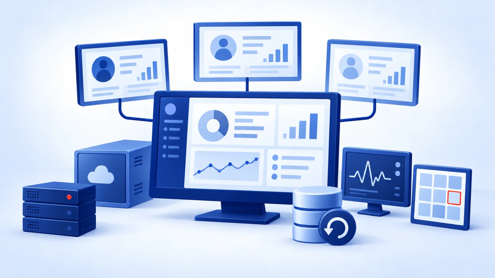 A central operations console serving three client panels, with a managed virtual machine, a private cloud enclosure, a backup cylinder, and an observability waveform.