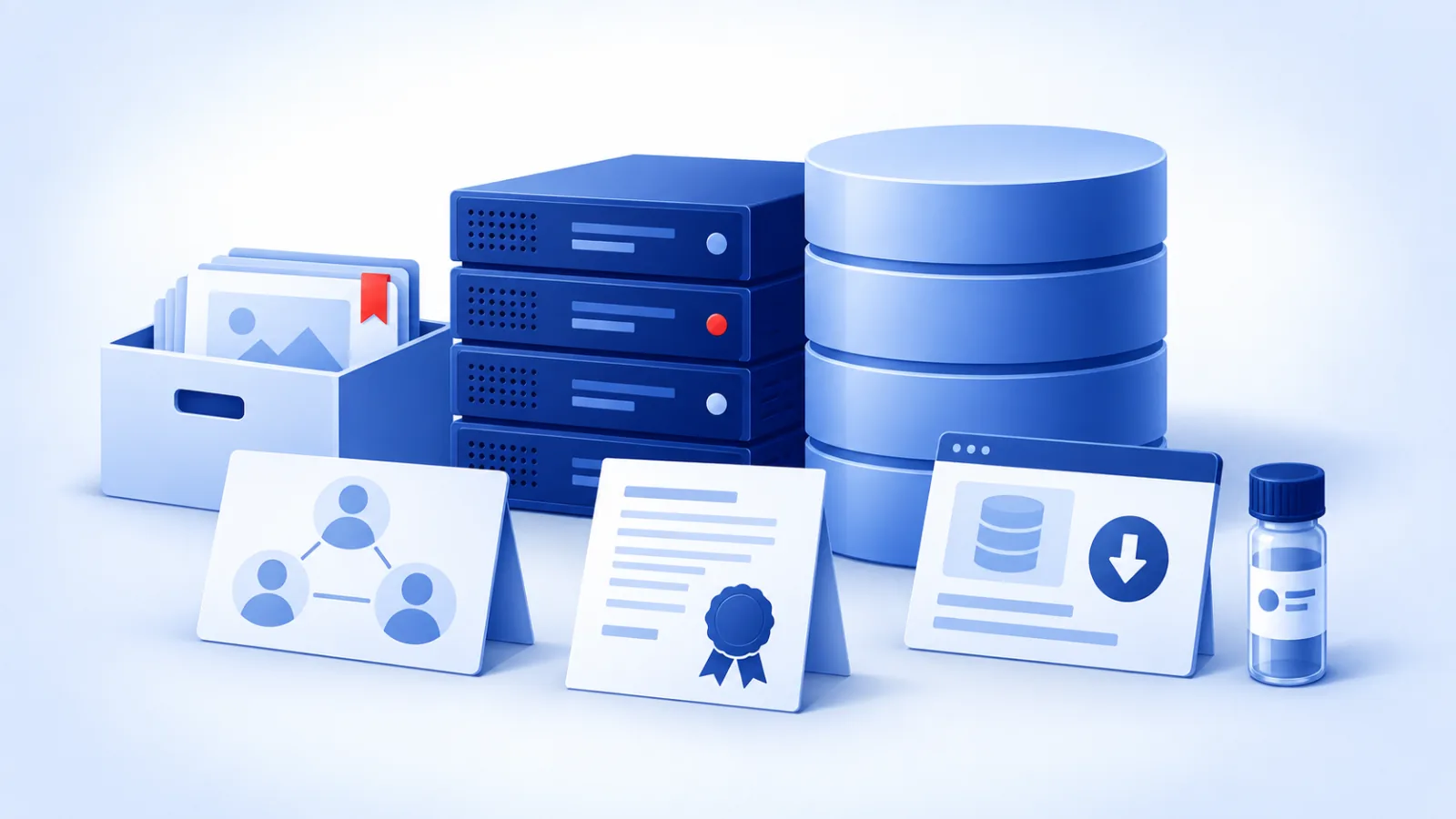 A research compute cluster and data store, with a dataset repository, a collaboration panel, a grant document, and an open data portal card.