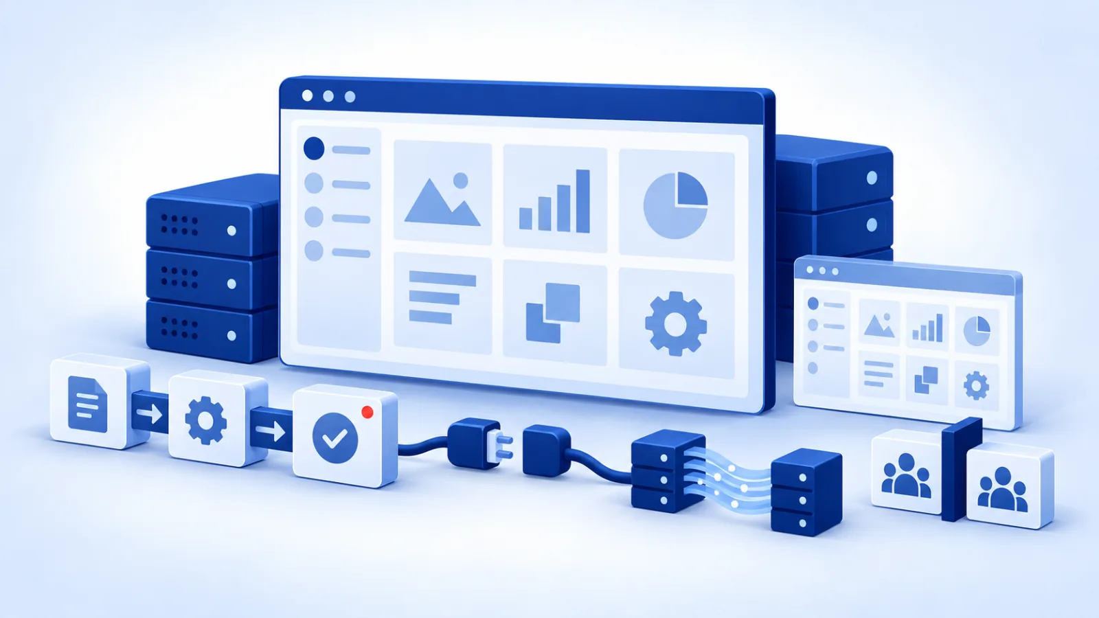 An application window with a module grid, a three-stage delivery pipeline, an API connector, a data processing stream, and two separated tenant groups.